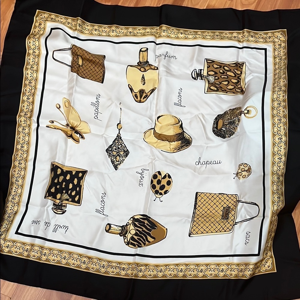 Marc Rozier Paris Elegant Black and Gold Silk Scarf